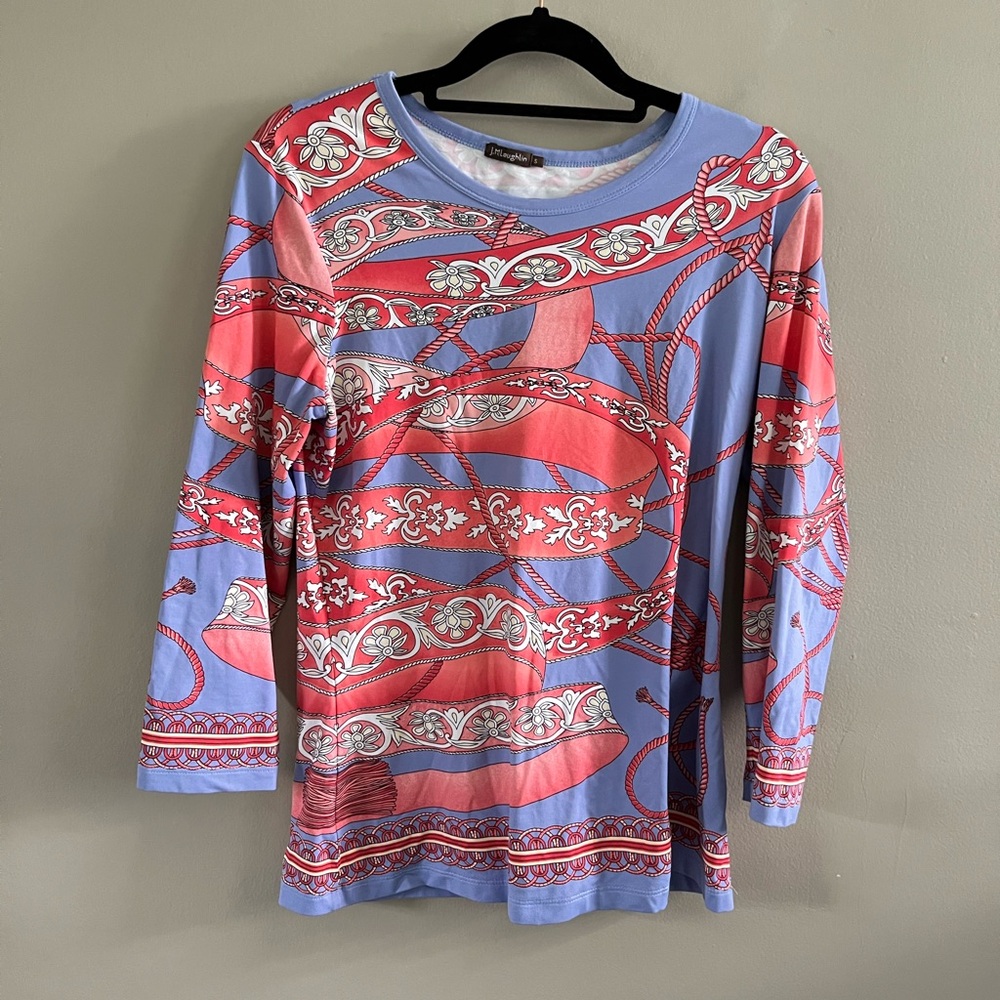 J. McLaughlin 3/4 Length Sleeve Shirt - Paisley Coral Blue Brown Size Small